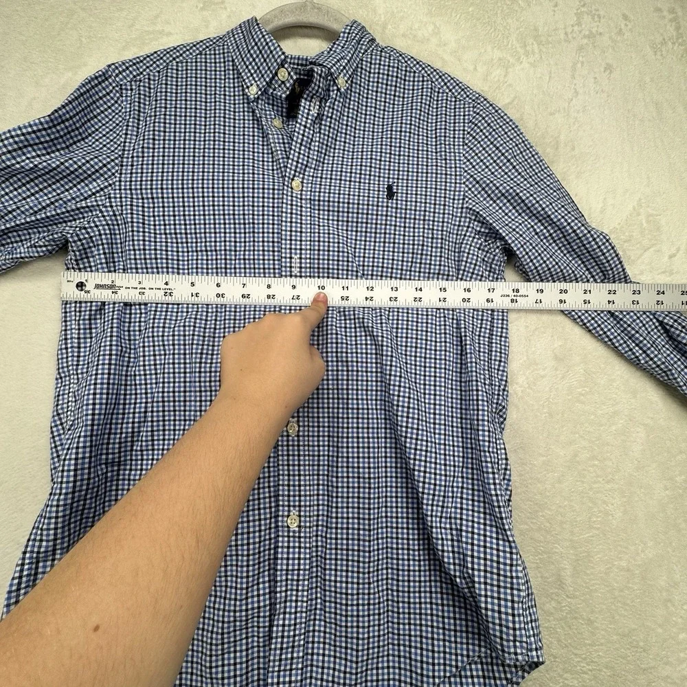 Ralph Lauren Button Up Shirt Boys L 14-16‎ Blue Gingham Pony Logo Preppy